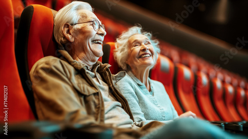 An elderly couple is sitting in a movie theater and happily watching a movie. Concept of Active age