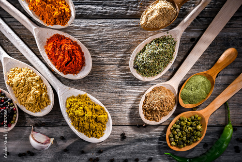 Fototapeta Naklejka Na Ścianę i Meble -  Composition with assortment of spices and herbs