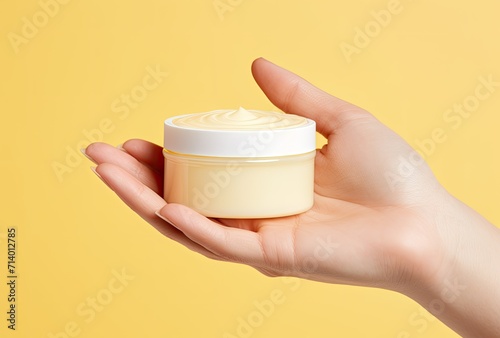 A woman's hand, adorned with a fresh manicure, elegantly cradles a cosmetics jar filled with moisturizing face cream, portraying a sense of care and sophistication.