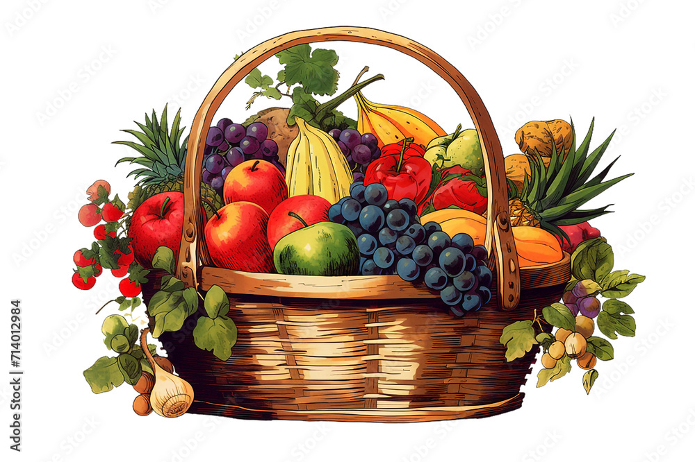 Vegetables and fruits in a basket isolated on white  Basket with autumn fruit and vegetables, isolated transparent background Generative Ai