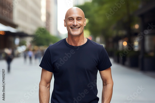 Positive bald middle-aged man in dark blue T-shirt stands against the backdrop of a city street
