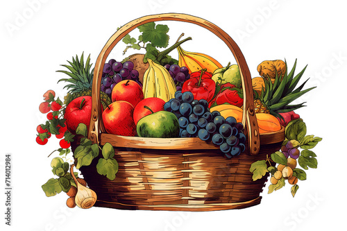 Vegetables and fruits in a basket isolated on white  Basket with autumn fruit and vegetables  isolated transparent background Generative Ai