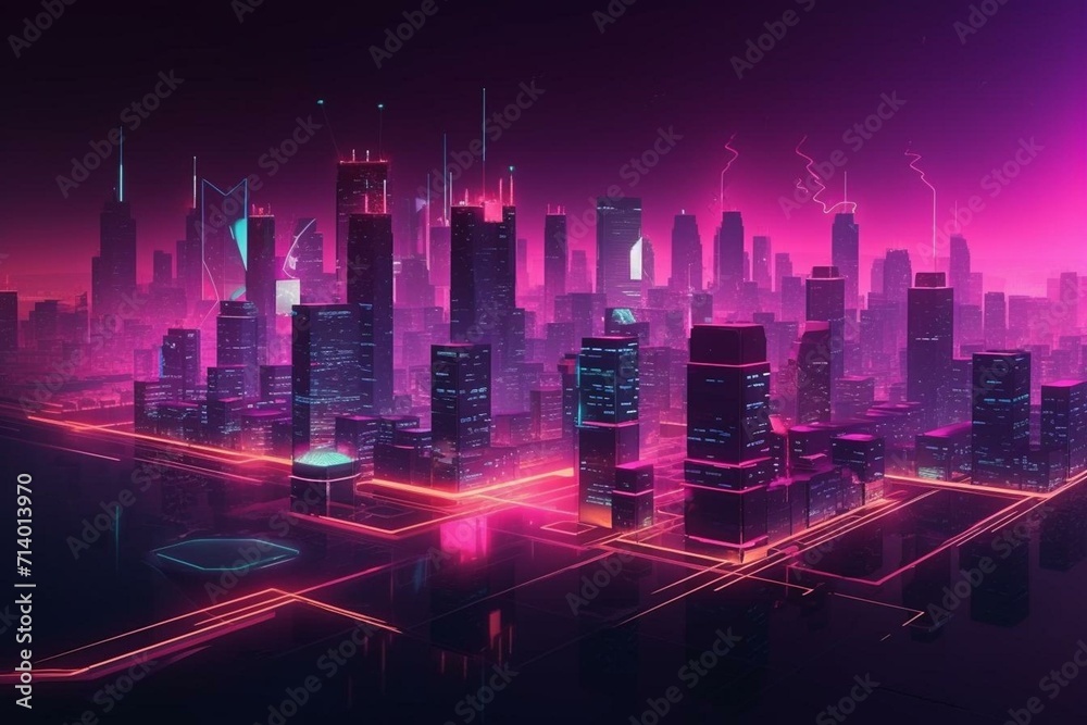 Night cityscape with futuristic pink and yellow neon lights and visionary architecture. Generative AI