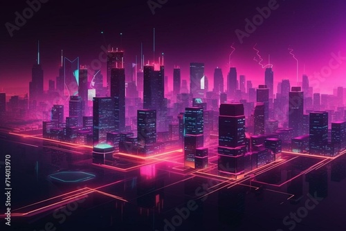 Night cityscape with futuristic pink and yellow neon lights and visionary architecture. Generative AI