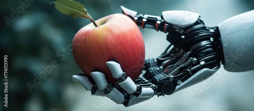 Robotic hand holding an apple, emphasizing GMO and automation. photo