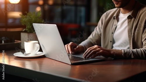 A freelance employee behind a laptop in a cafe with a cup of coffee
