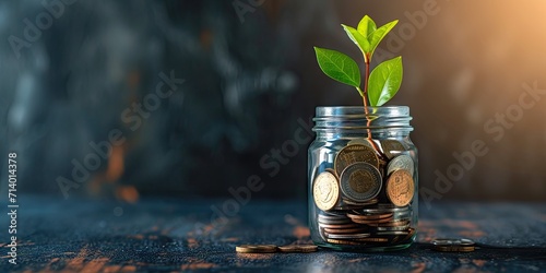 Growth concept with coins and plant symbolizing invest finance business money tree showing economy financial banking success leaf profit savings green nature in jar for retirement income economic photo