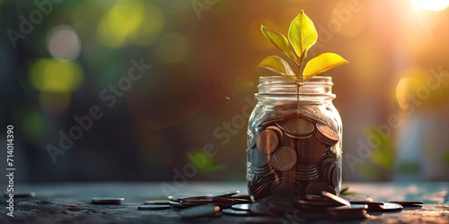 Growth concept with coins and plant symbolizing invest finance business money tree showing economy financial banking success leaf profit savings green nature in jar for retirement income economic photo