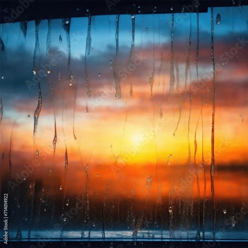 Transparent window glass after rain with water drops showing blur sky and sunset