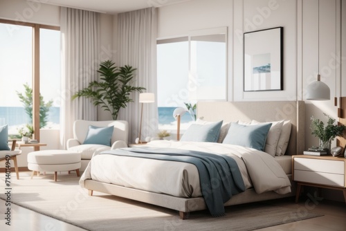 Coastal Interior home design of modern bedroom with white bed and white wall
