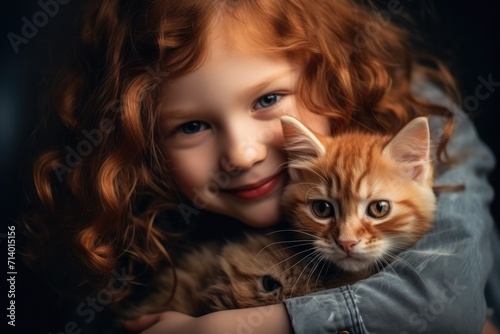 Cute curly redhead little girls embracing ginger cat looking at camera over dark background. Cinematic lightening. Close-up portrait