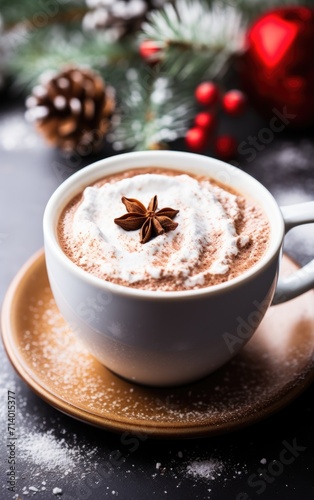 shot with copy space of cozy cup of cacao or coffee on christmas . ai generated