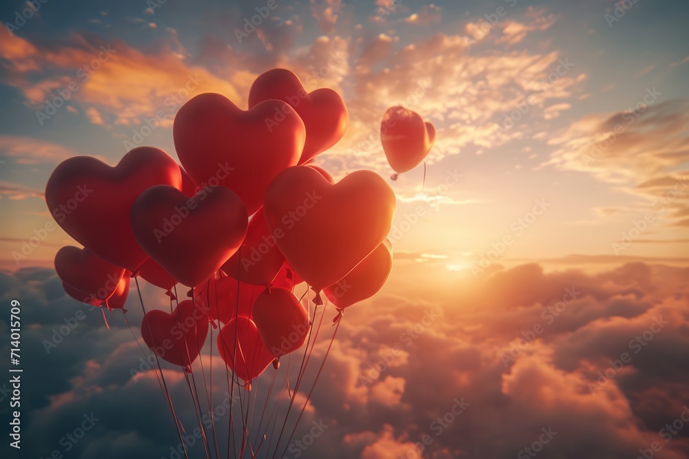 Fototapeta premium Love-filled balloons floating in the daytime sky, creating a whimsical scene, a joyful expression soaring in the air.