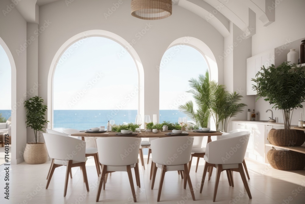 Interior home design of modern dining room with wooden dining table and chairs with arched windows on the coast Interior home design of modern dining room with wooden dining table and chairs with arched windows on the coast