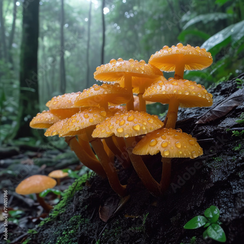 Emerging Mushrooms in Rainforest's Damp Soil