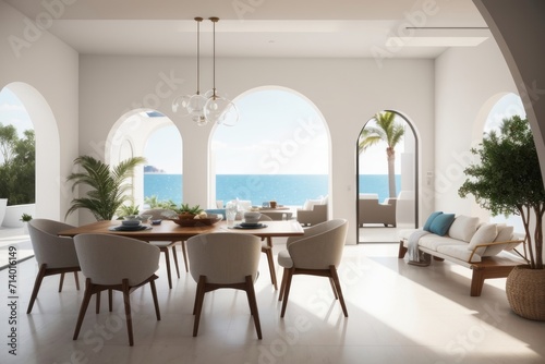 Interior home design of modern dining room with wooden dining table and chairs with arched windows on the coast © Basileus