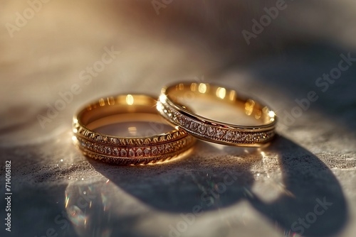 Golden engagement bands shining in daylight, symbolizing commitment and unity, a radiant representation of lasting love.