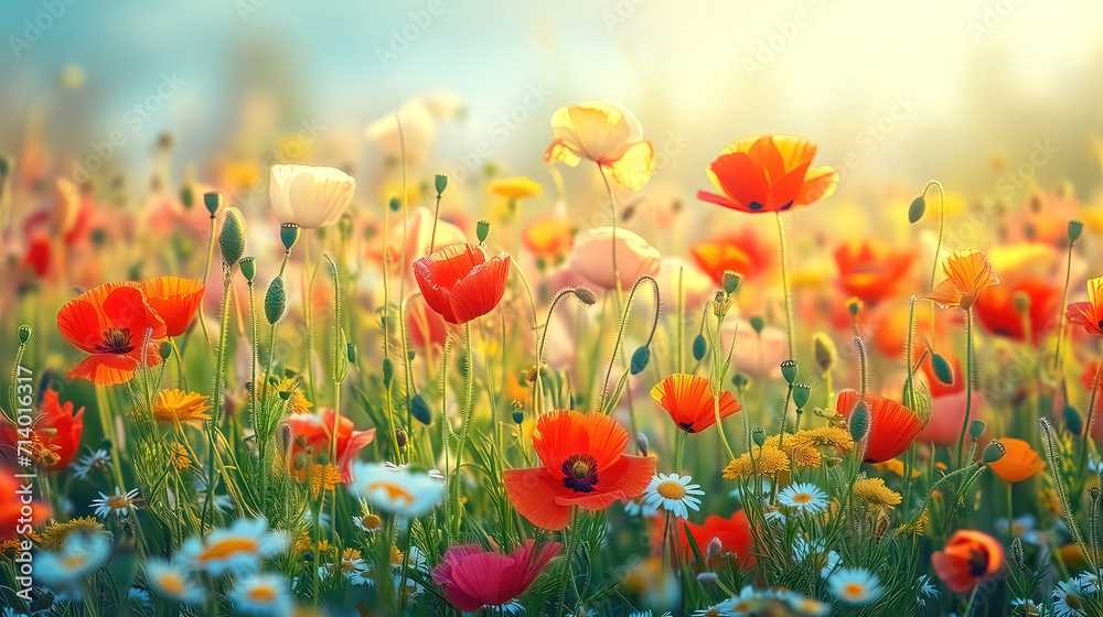 Obraz premium Spring landscape with wildflowers, cornflower, poppies and daisies among the grass, beautiful idyllic rural, countryside landscape.