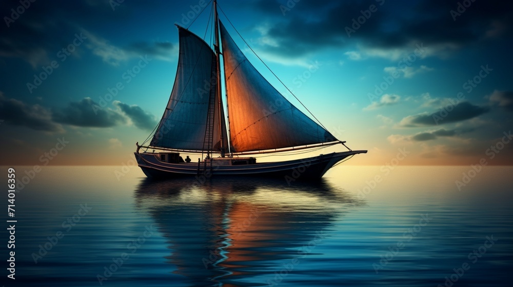 A lone sailboat navigating through a vast