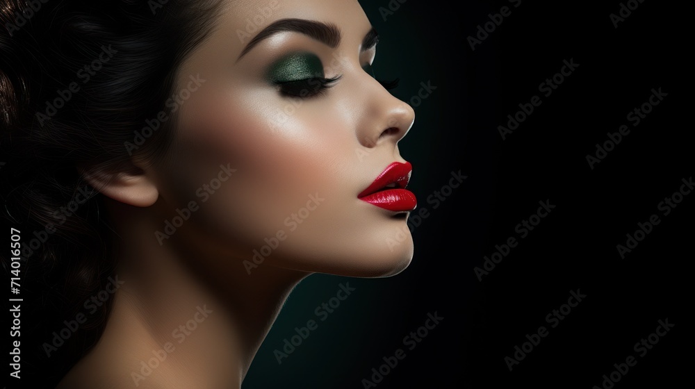 Une magnifique femme avec maquillage et rouge à lèvres sur un fond noir, image avec espace pour texte Une magnifique femme avec maquillage et rouge à lèvres sur un fond noir, image avec espace pour texte