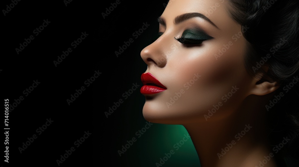 Une magnifique femme avec maquillage et rouge à lèvres sur un fond noir, image avec espace pour texte Une magnifique femme avec maquillage et rouge à lèvres sur un fond noir, image avec espace pour texte
