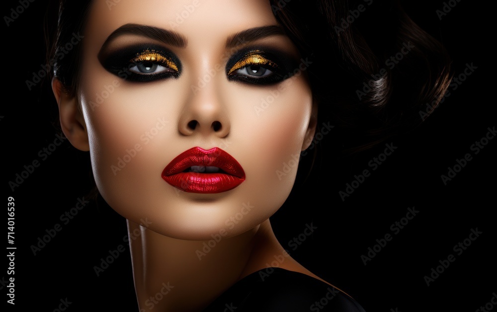 Fototapeta premium Une magnifique femme avec maquillage et rouge à lèvres sur un fond noir