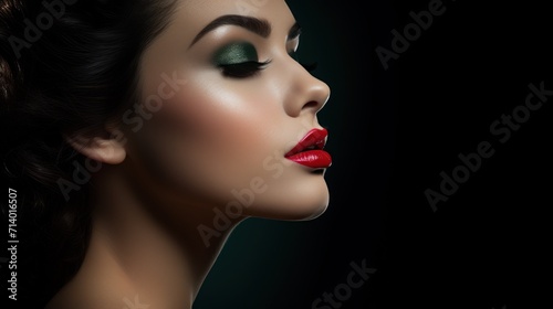 Une magnifique femme avec maquillage et rouge    l  vres sur un fond noir  image avec espace pour texte