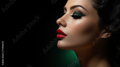 Une magnifique femme avec maquillage et rouge à lèvres sur un fond noir, image avec espace pour texte