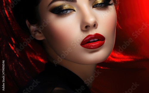 Une magnifique femme avec maquillage et rouge à lèvres sur un fond noir