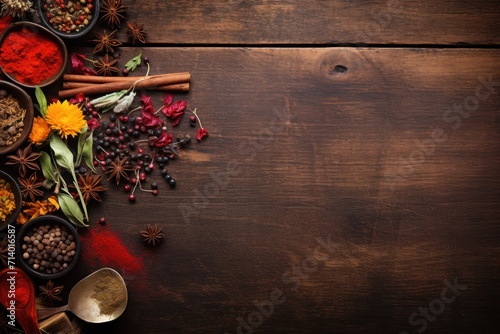 Diverses épices exposées sur une table bois rustique, image avec espace pour texte
