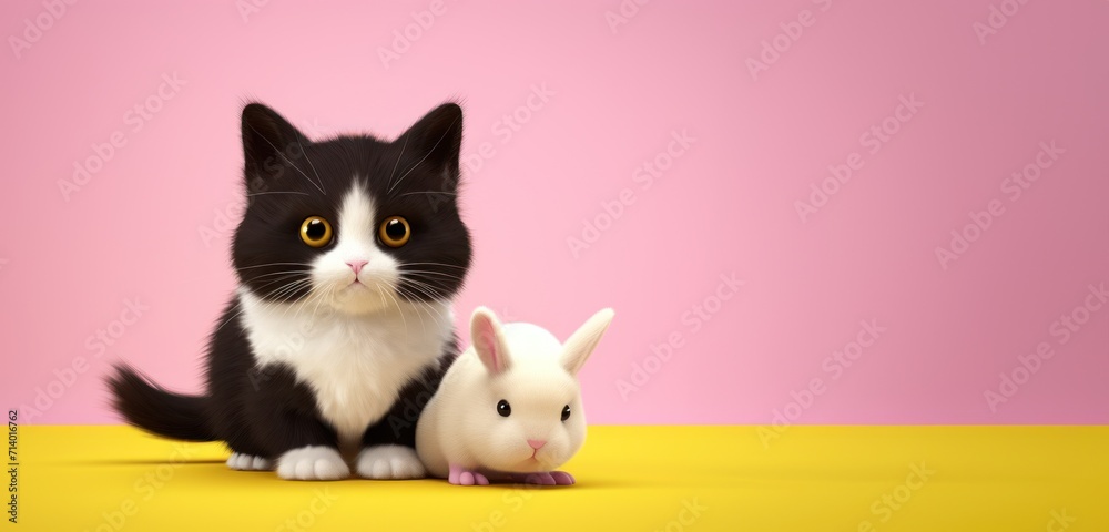 Une illustration d'un chat et d'un lapin sur un fond jaune et rose