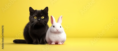 Une illustration d'un chat et d'un lapin sur un fond jaune et rose, image avec espace pour texte photo