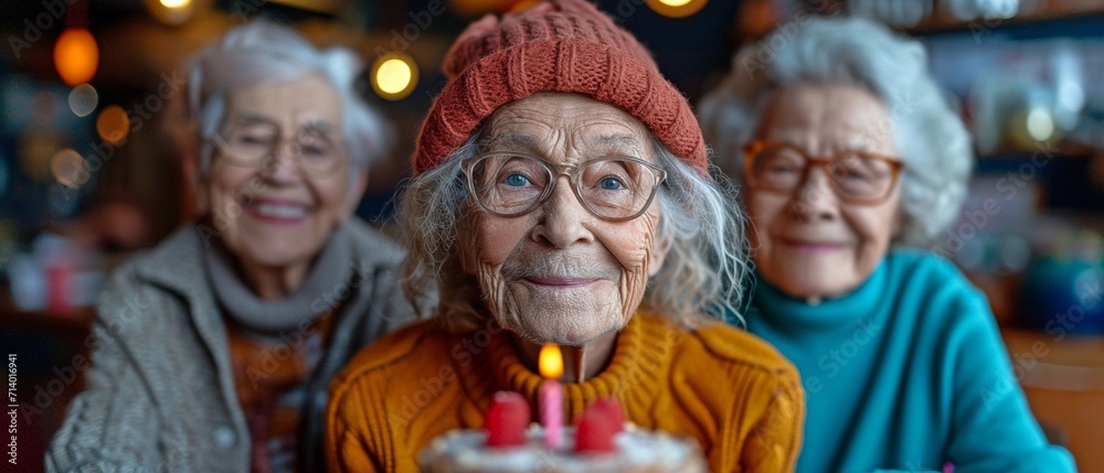 A joyful gathering of varied senior friends commemorating birthdays with gifts and cake A joyful gathering of varied senior friends commemorating birthdays with gifts and cake