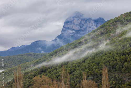 Contempla la grandeza de los Pirineos, donde majestuosas cumbres se elevan en armonía con exuberantes y encantadores bosques. Explora la belleza atemporal de este paisaje alpino. photo