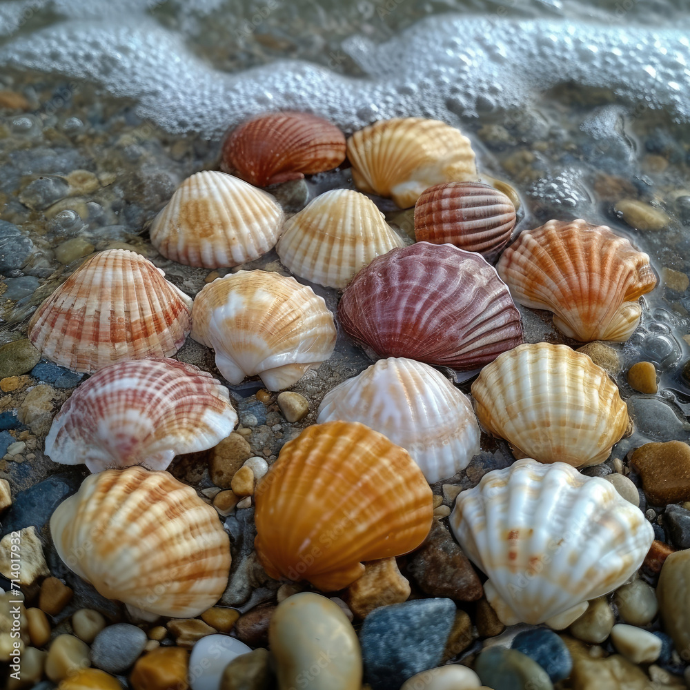 Shells Loosely Arranged on a Lakeside's Silver Shore