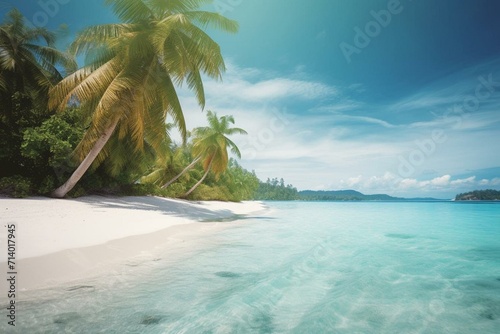 Enter a realm where dreams blend with the sea breeze. A mesmerizing beach appears  filled with swaying palms and soft sand  kissed by light turquoise shades. Generative AI