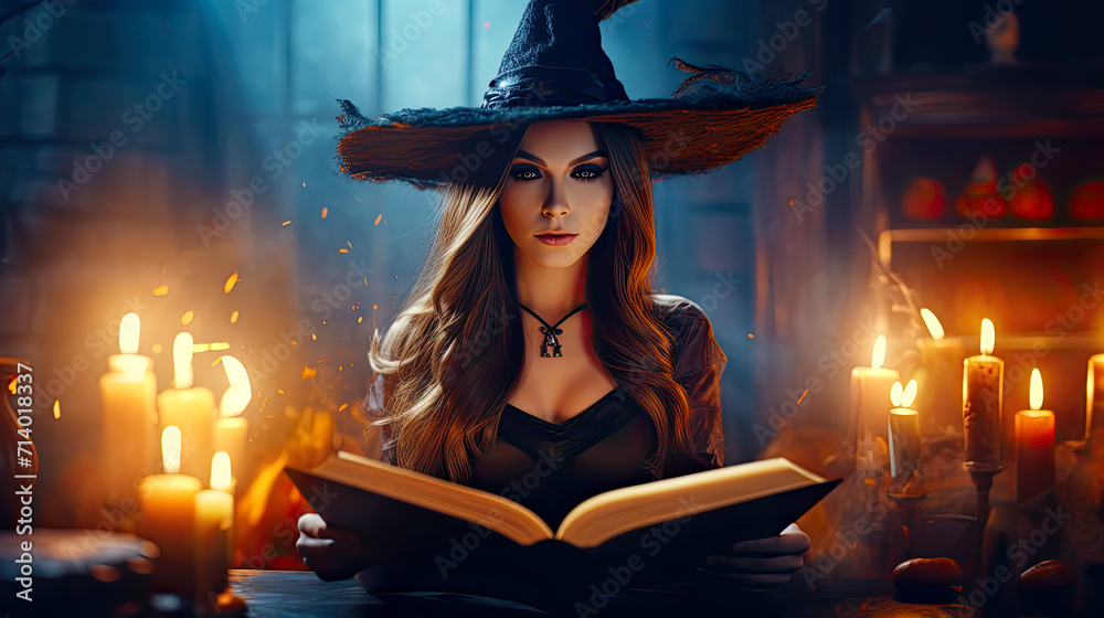 Witch reading in a Book with Candles around Her. Generative AI, non-existent person. Witch reading in a Book with Candles around Her. Generative AI, non-existent person.