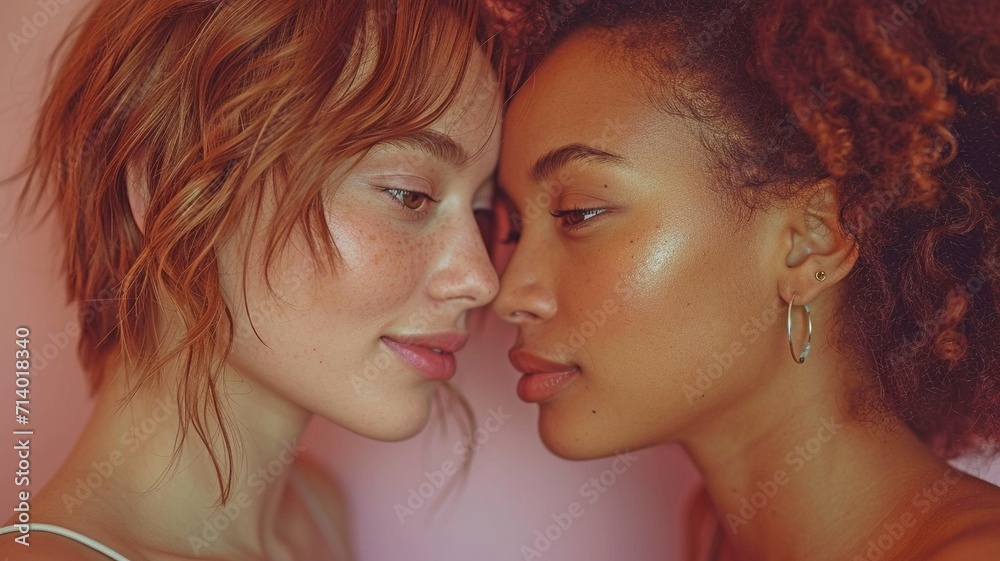 Head-to-head portrait of a passionate, multiracial lesbian pair standing against a white wall in a residence