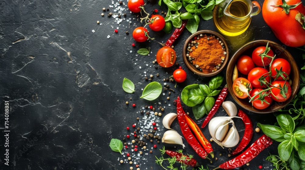 Healthy and balanced organic food ingredients on a dark stone table background