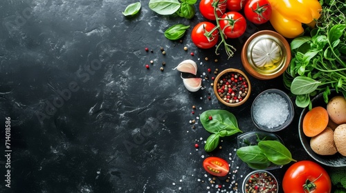 Healthy and balanced organic food ingredients on a dark stone table background
