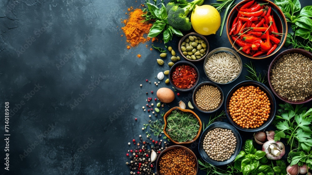 Healthy and balanced organic food ingredients on a dark stone table background Healthy and balanced organic food ingredients on a dark stone table background