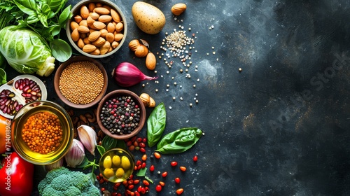 Healthy and balanced organic food ingredients on a dark stone table background