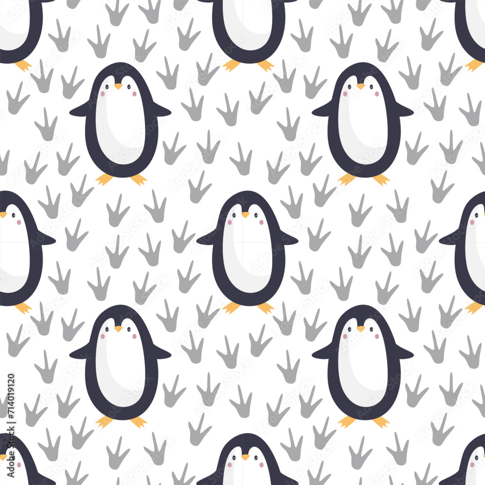 Obraz premium Cute penguin seamless pattern with penguin footprint for postcard, poster, clothing, fabric, wrapping paper, fabric, textiles. Funny child bird. Scandinavian childish cartoon character. Vector