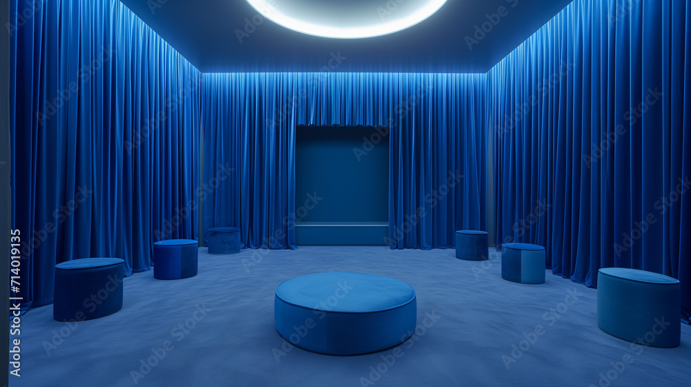Serene Blue Room With Velvet Curtains and Circular Central Light.