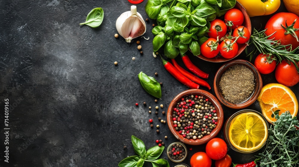 Healthy and balanced organic food ingredients on a dark stone table background Healthy and balanced organic food ingredients on a dark stone table background