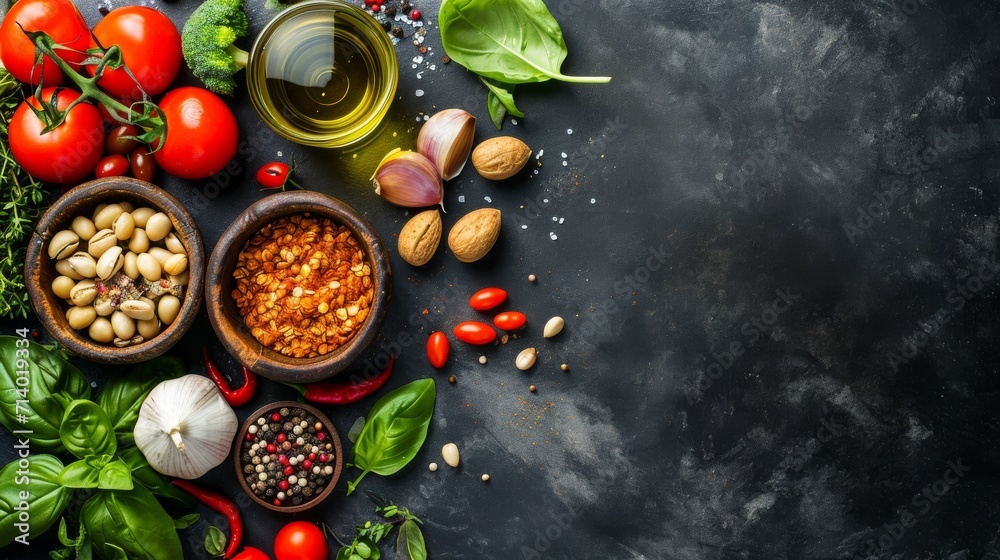 Healthy and balanced organic food ingredients on a dark stone table background