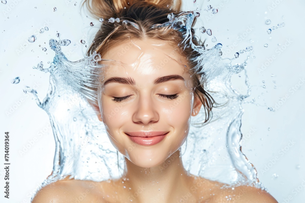 Smiling young beautiful woman with eyes closed and water splash around the face, skin care and hydration concept, white background