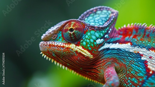 A colorful close-up chameleon with a high crest on its head © Orxan