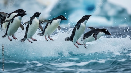 Adelie Penguin, pygoscelis adeliae, Group Leaping into Ocean, Paulet Island in Antarctica --ar 16:9 --v 6 Job ID: 8f9708da-c9b0-45a6-9b6a-3fb438ff4e0b photo