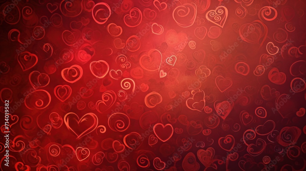 Background of small hearts with ornament of curls, in red colors
